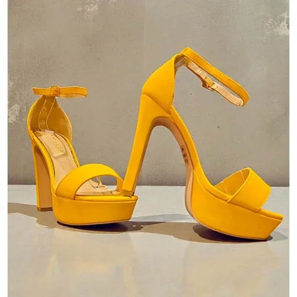 Mustard Platform High Heels With Ankle Strap Open Toe Design Faux Leather Finish - Picture 2 of 9